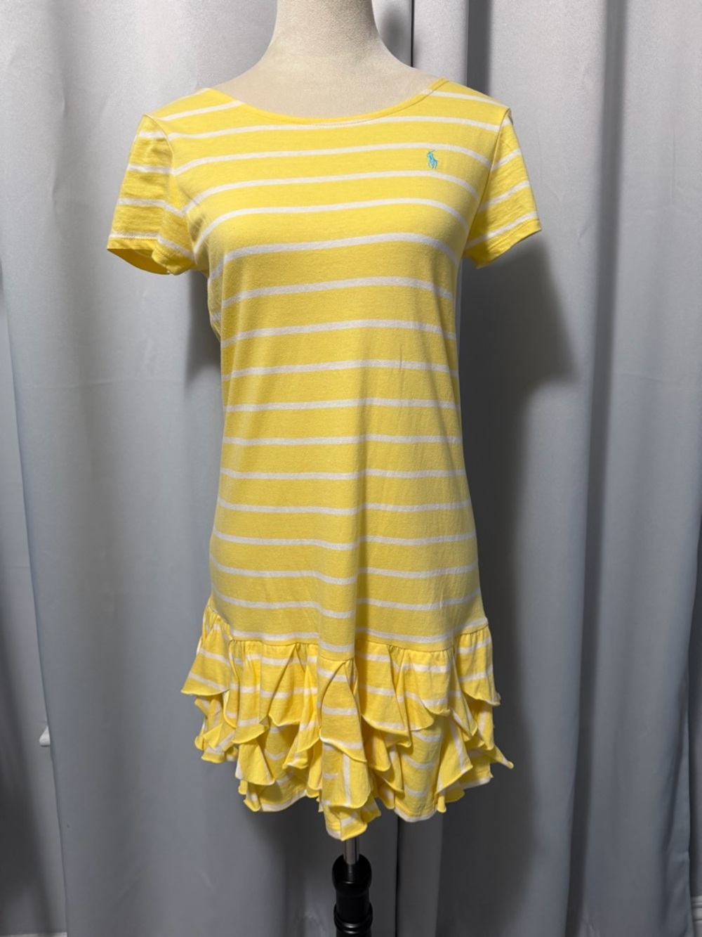 Ralph Lauren Yellow & White Striped Ruffle-Hem Tee Dress 100% Cotton